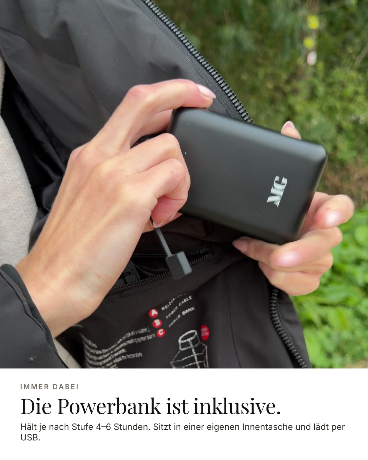 Mont Gerrard beheizte Jacke schwarz crop – Powerbank inklusive, 4–6 Stunden