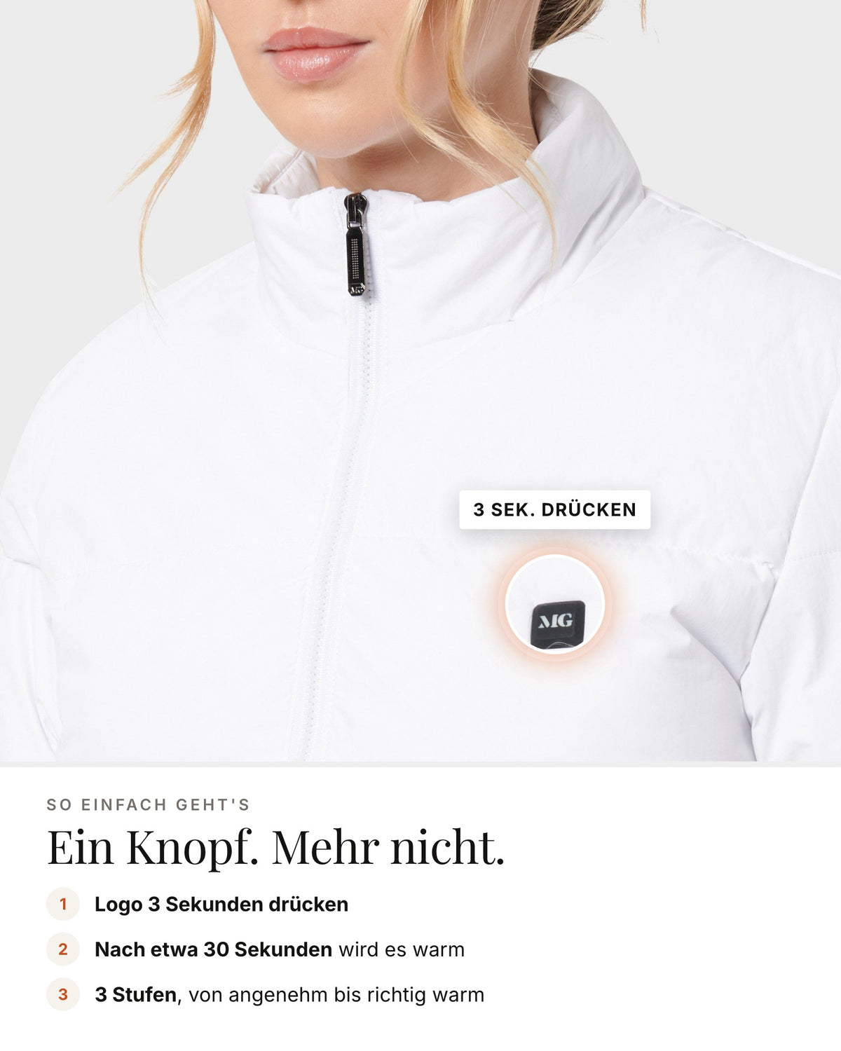Mont Gerrard beheizte Jacke weiß – Bedienung über das Logo, 3 Stufen