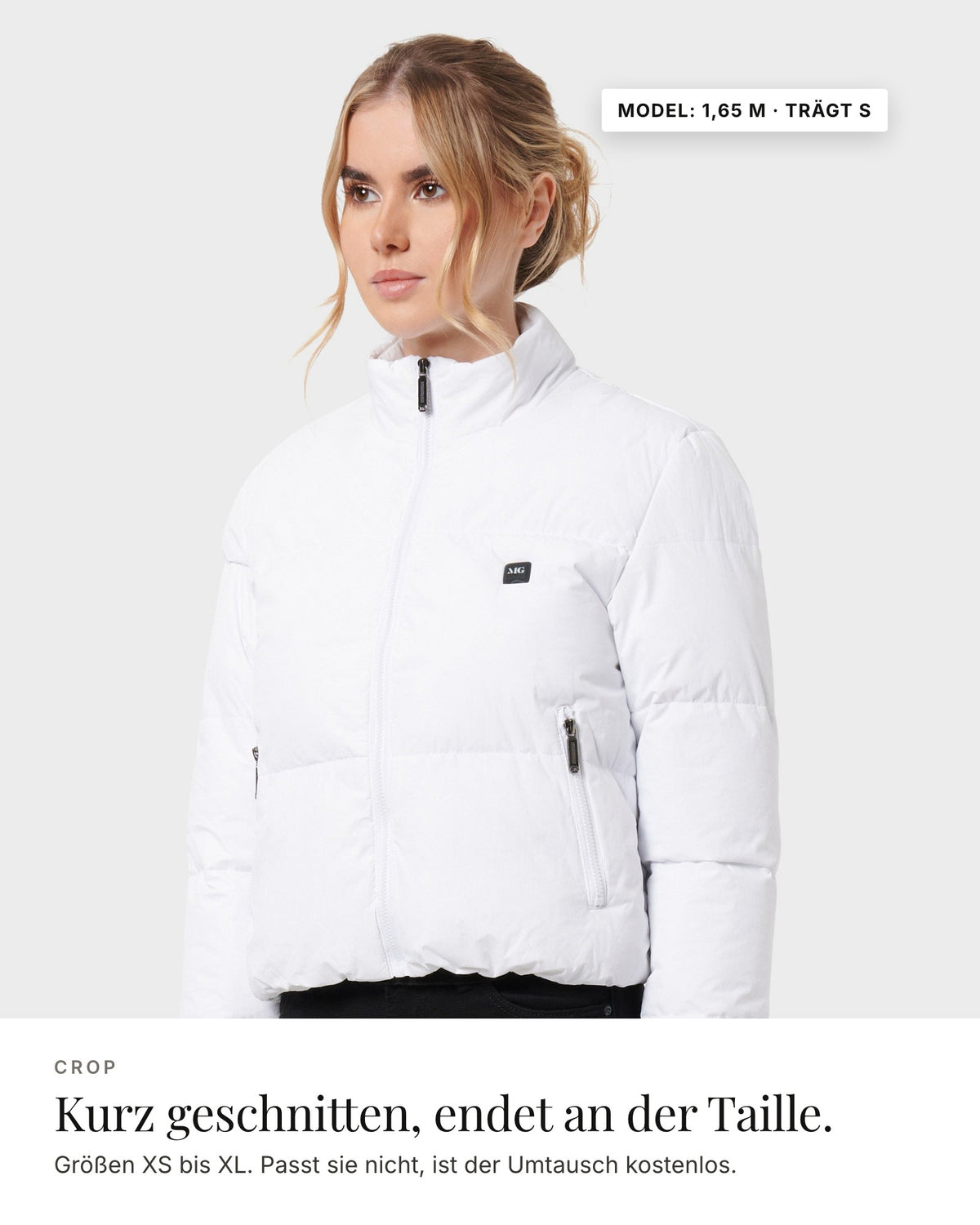 Mont Gerrard beheizte Jacke weiß – Länge und Passform, Model 1,65 m · trägt S