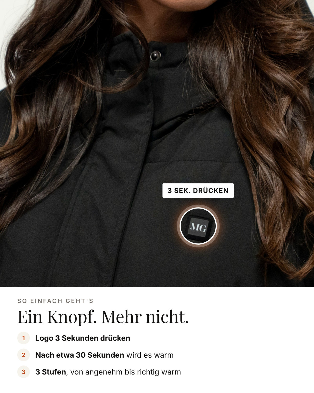 Mont Gerrard beheizte Jacke lang schwarz – Bedienung über das Logo, 3 Stufen