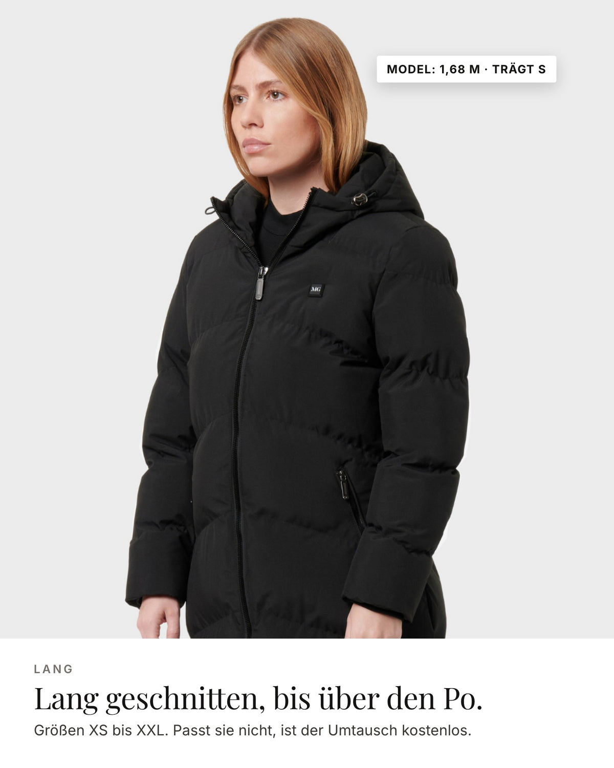 Mont Gerrard beheizte Jacke lang schwarz – Länge und Passform, Model 1,68 m · trägt S