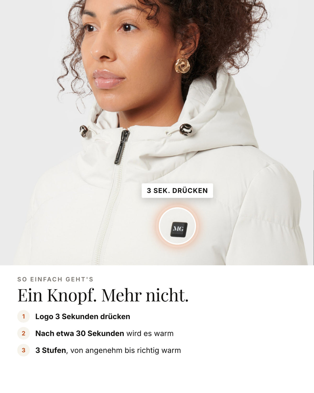 Mont Gerrard beheizte Jacke lang beige – Bedienung über das Logo, 3 Stufen
