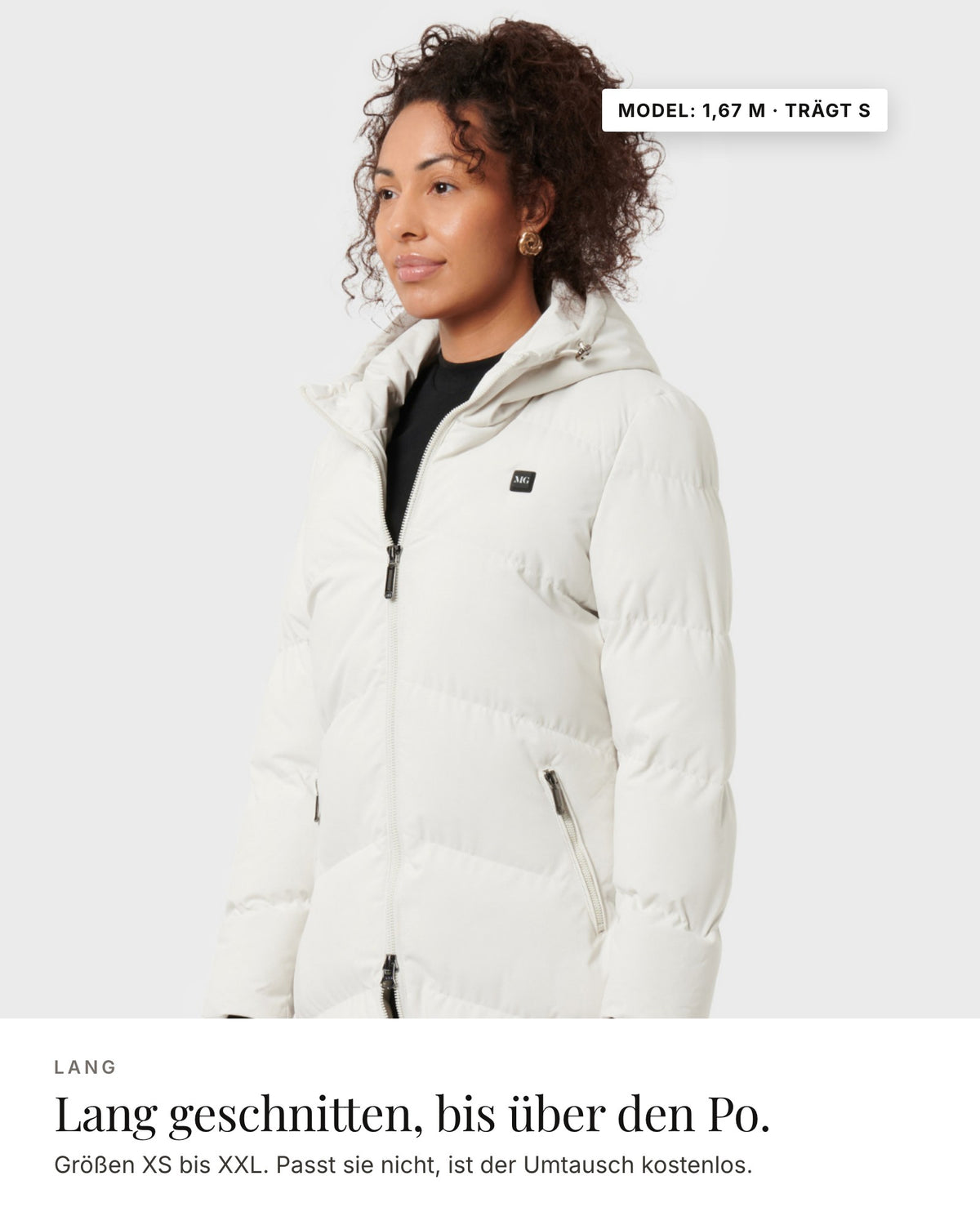 Mont Gerrard beheizte Jacke lang beige – Länge und Passform, Model 1,67 m · trägt S