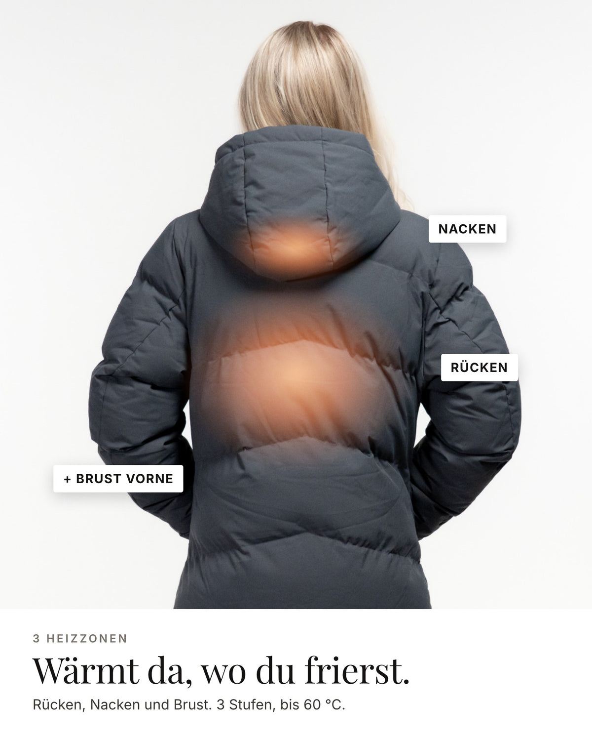 Mont Gerrard beheizte Jacke lang grau – 3 Heizzonen: Rücken, Nacken, Brust