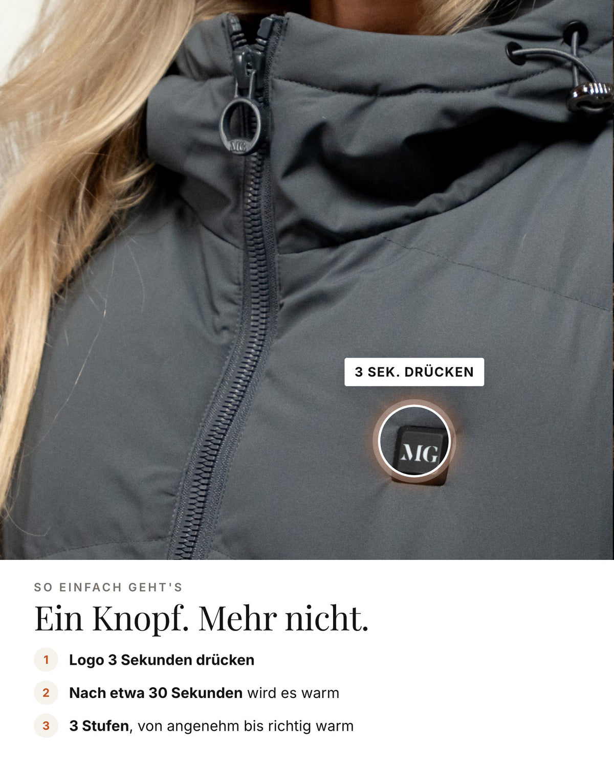 Mont Gerrard beheizte Jacke lang grau – Bedienung über das Logo, 3 Stufen
