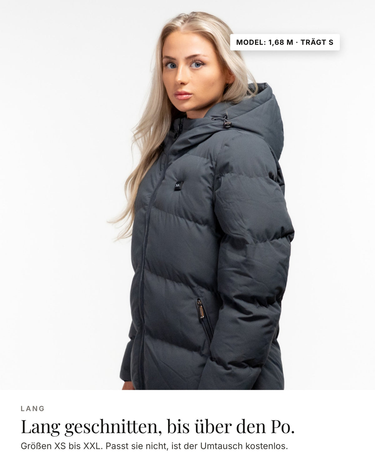 Mont Gerrard beheizte Jacke lang grau – Länge und Passform, Model 1,68 m · trägt S