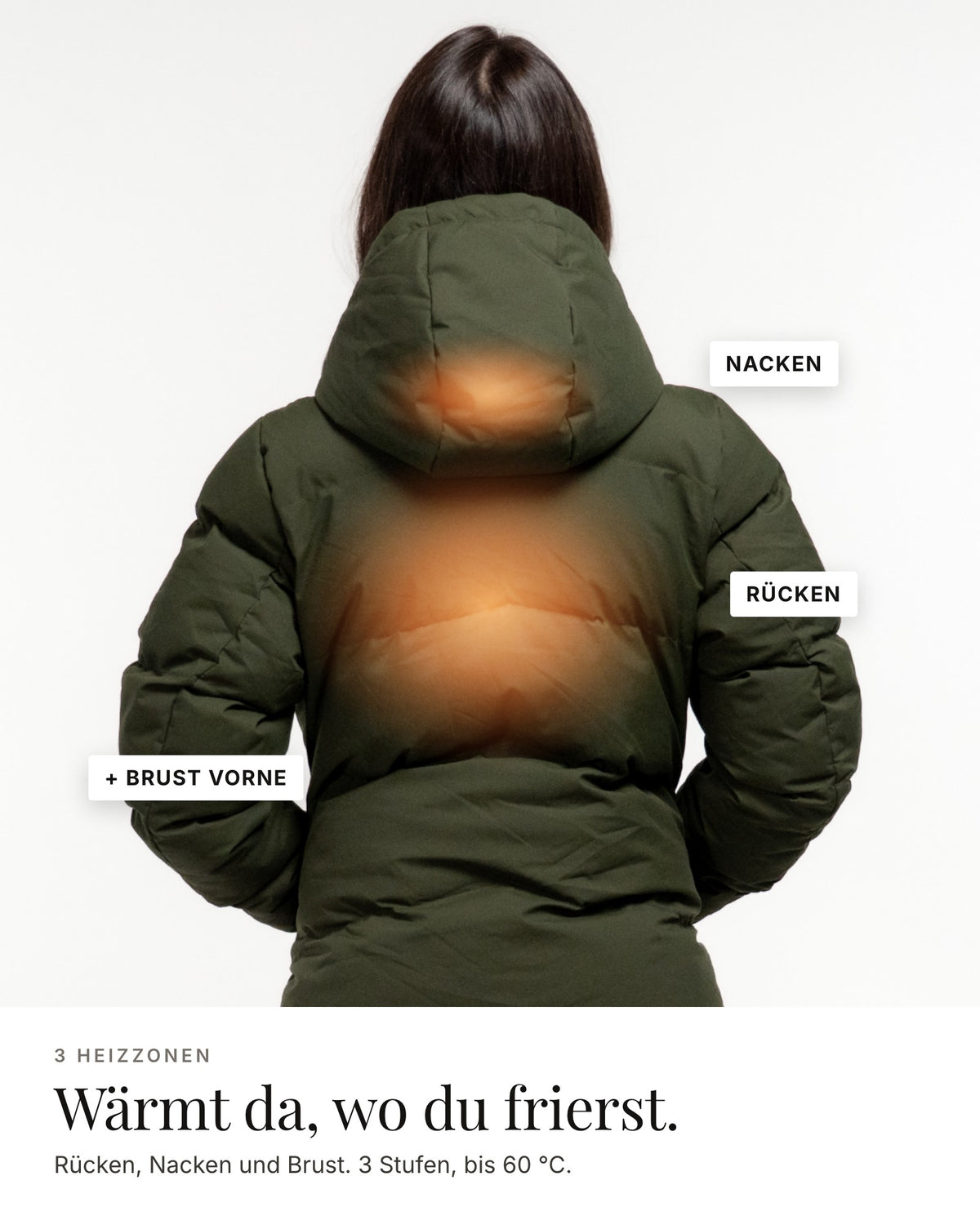 Mont Gerrard beheizte Jacke lang olive grün – 3 Heizzonen: Rücken, Nacken, Brust