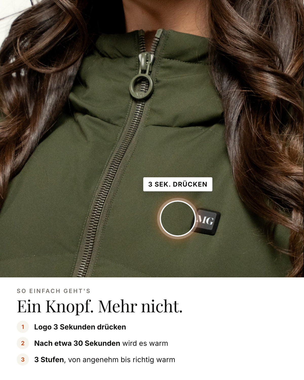 Mont Gerrard beheizte Jacke lang olive grün – Bedienung über das Logo, 3 Stufen