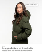 Mont Gerrard beheizte Jacke lang olive grün – Länge und Passform, Model 1,74 m · trägt S