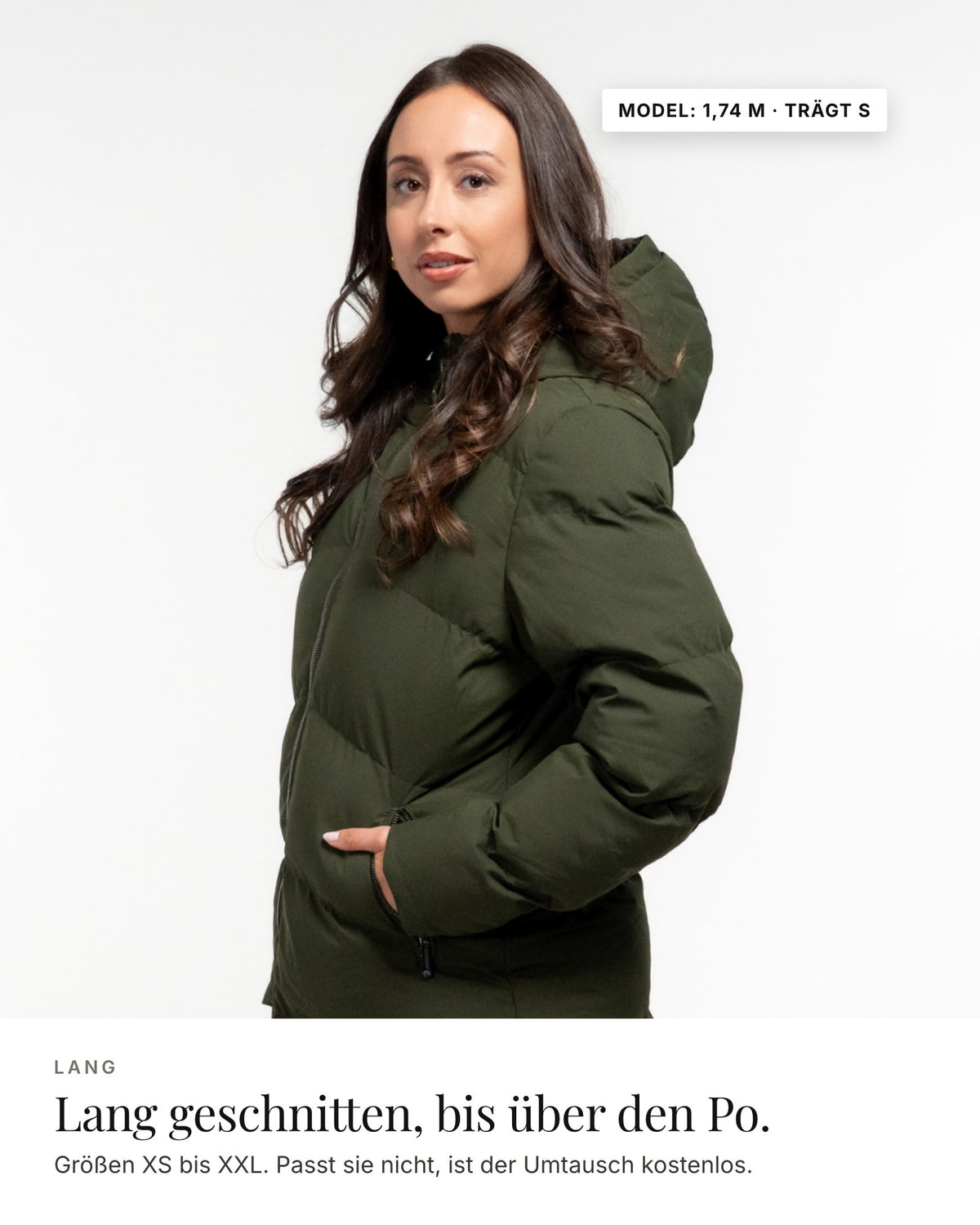 Mont Gerrard beheizte Jacke lang olive grün – Länge und Passform, Model 1,74 m · trägt S