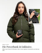 Mont Gerrard beheizte Jacke lang olive grün – Powerbank inklusive, 4–6 Stunden