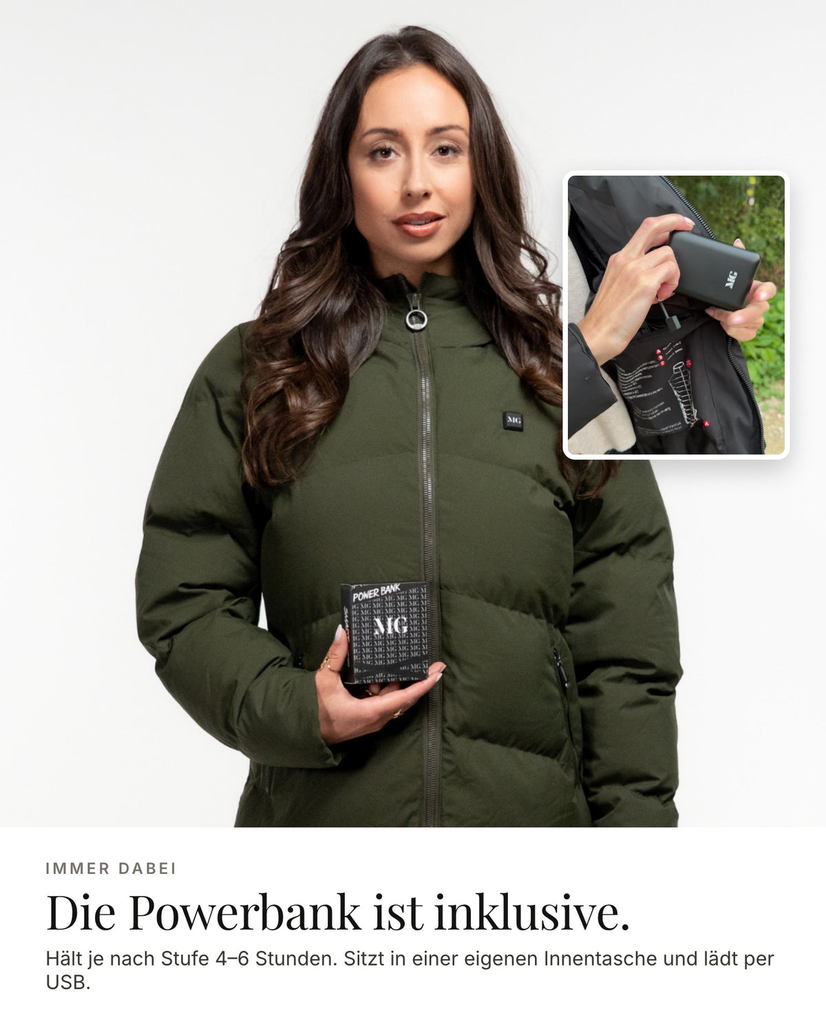 Mont Gerrard beheizte Jacke lang olive grün – Powerbank inklusive, 4–6 Stunden