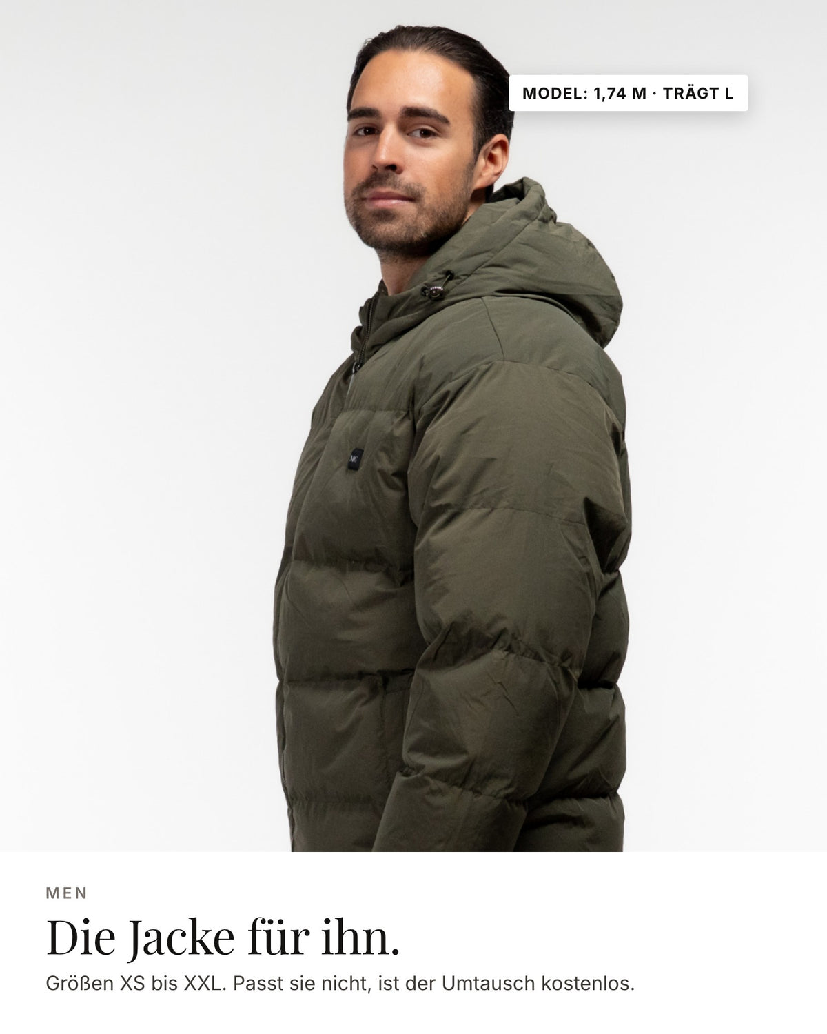 Mont Gerrard beheizte Jacke Men olive grün – Länge und Passform, Model 1,74 m · trägt L
