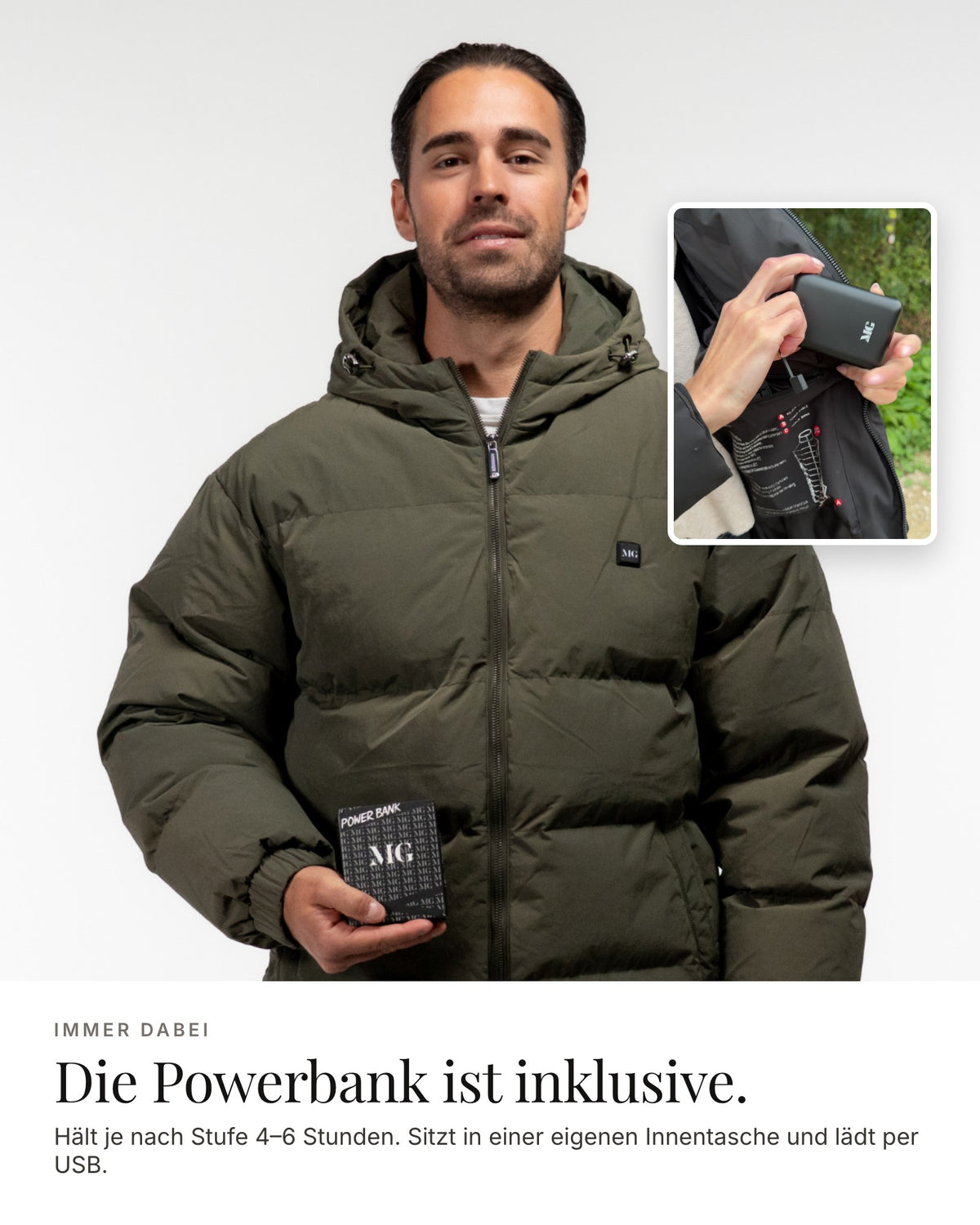 Mont Gerrard beheizte Jacke Men olive grün – Powerbank inklusive, 4–6 Stunden
