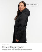 Mont Gerrard beheizte Jacke super lang schwarz – Länge und Passform, Model 1,74 m · trägt S