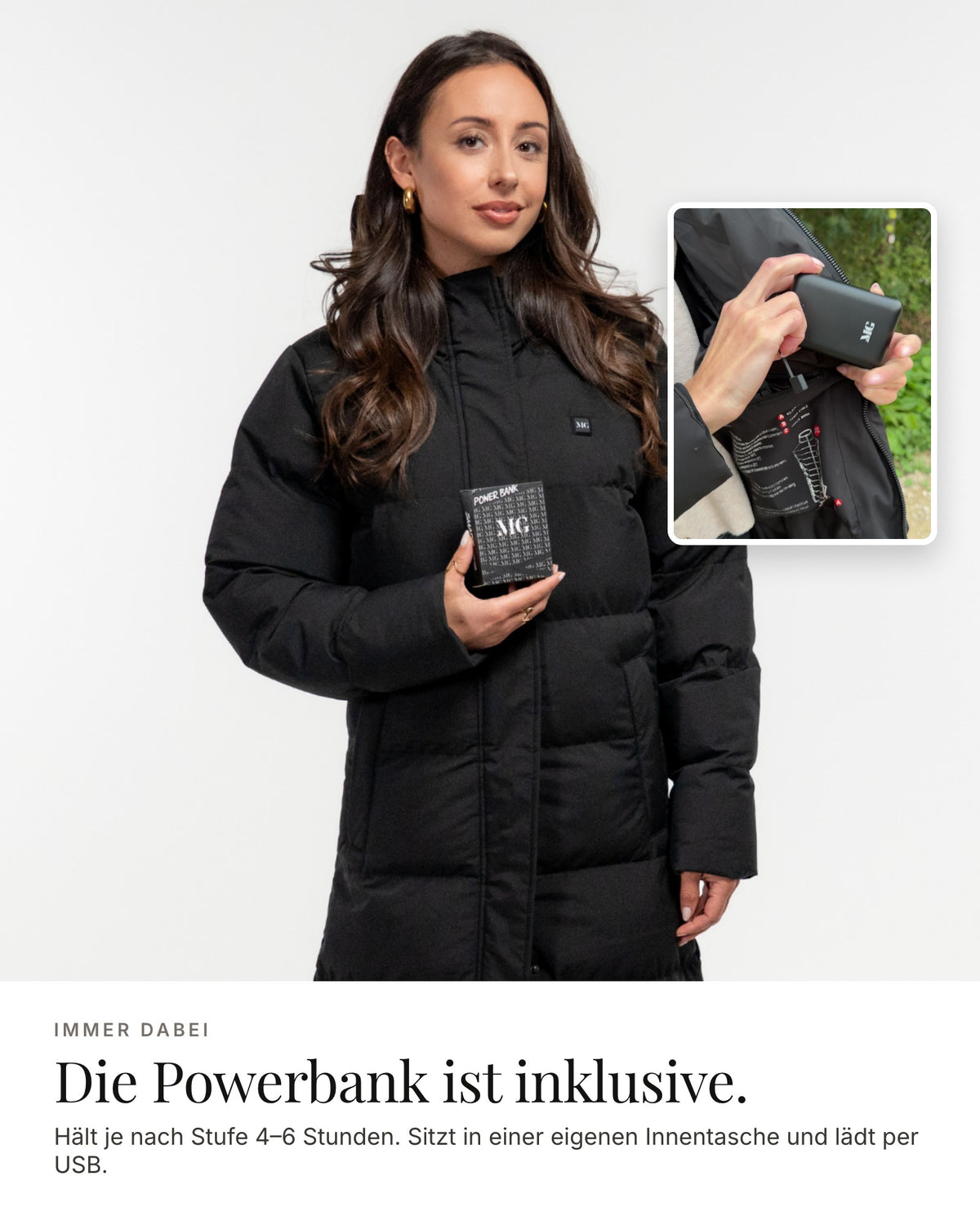Mont Gerrard beheizte Jacke super lang schwarz – Powerbank inklusive, 4–6 Stunden