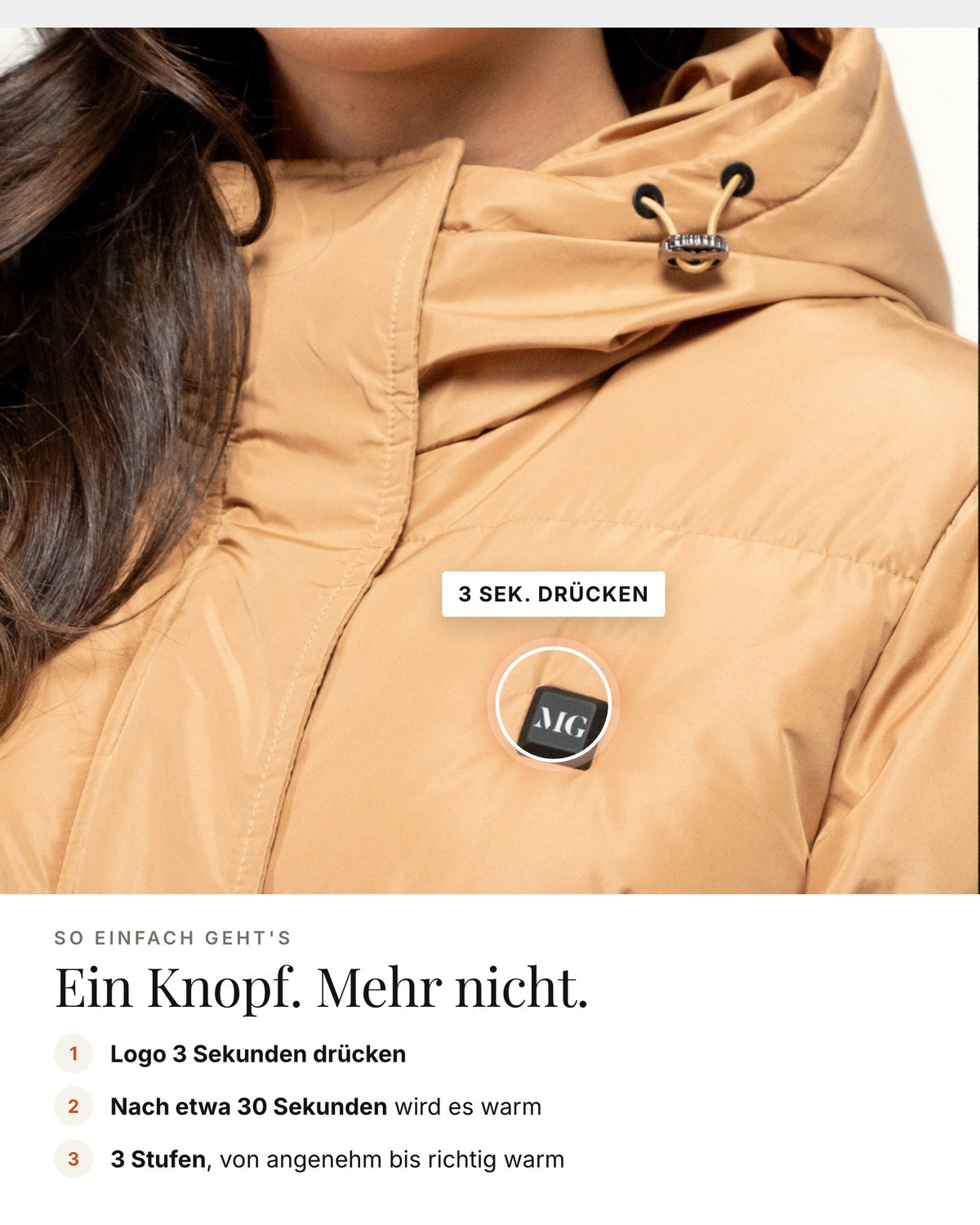 Mont Gerrard beheizte Jacke super lang sand – Bedienung über das Logo, 3 Stufen