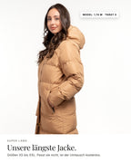 Mont Gerrard beheizte Jacke super lang sand – Länge und Passform, Model 1,74 m · trägt S
