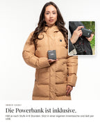 Mont Gerrard beheizte Jacke super lang sand – Powerbank inklusive, 4–6 Stunden