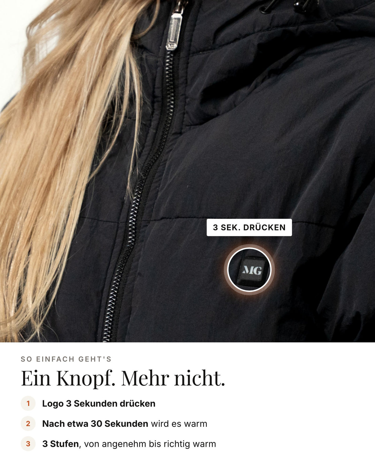 Mont Gerrard beheizte Jacke schwarz – Bedienung über das Logo, 3 Stufen