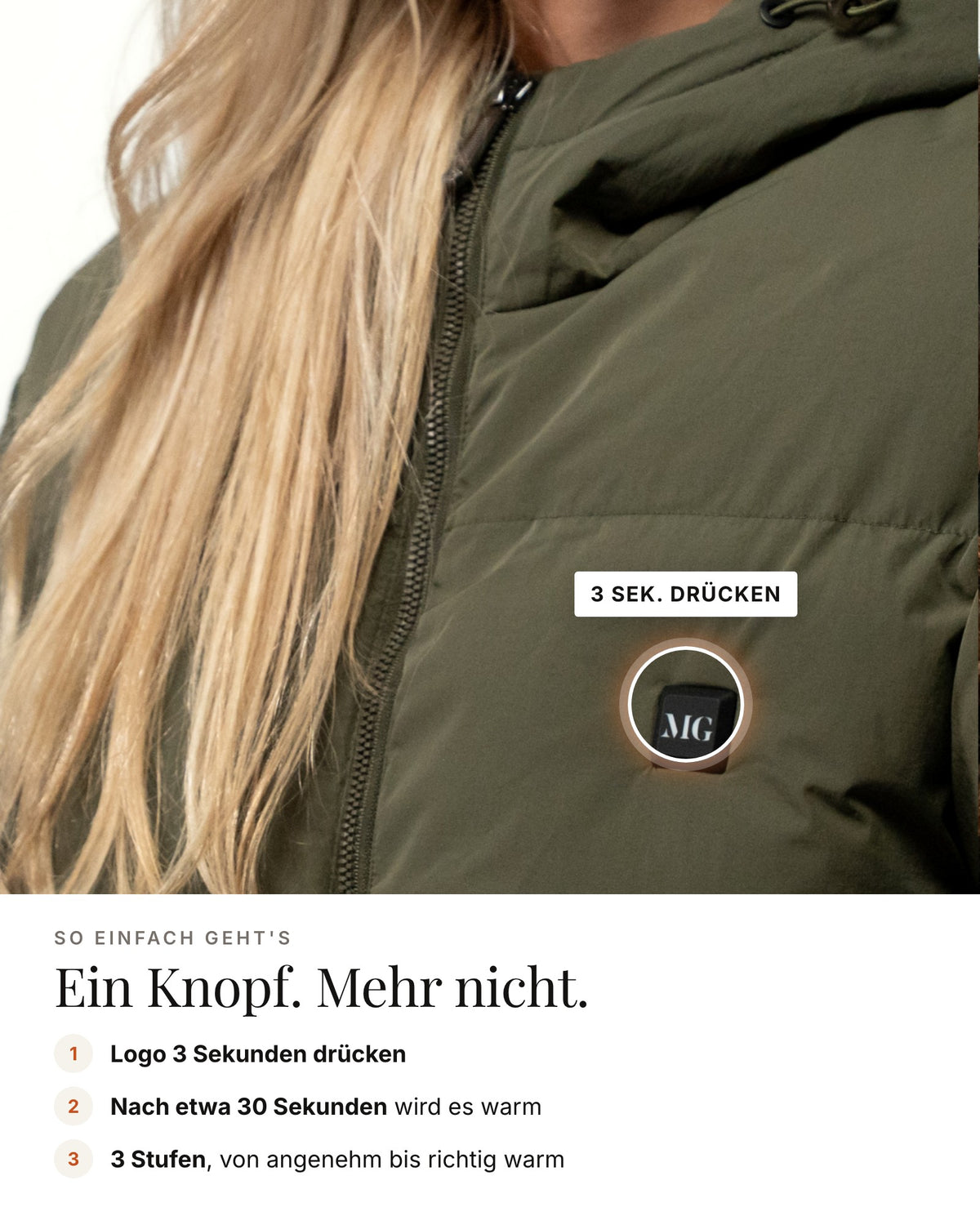 Mont Gerrard beheizte Jacke olive grün – Bedienung über das Logo, 3 Stufen