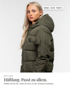 Mont Gerrard beheizte Jacke olive grün – Länge und Passform, Model 1,68 m · trägt S
