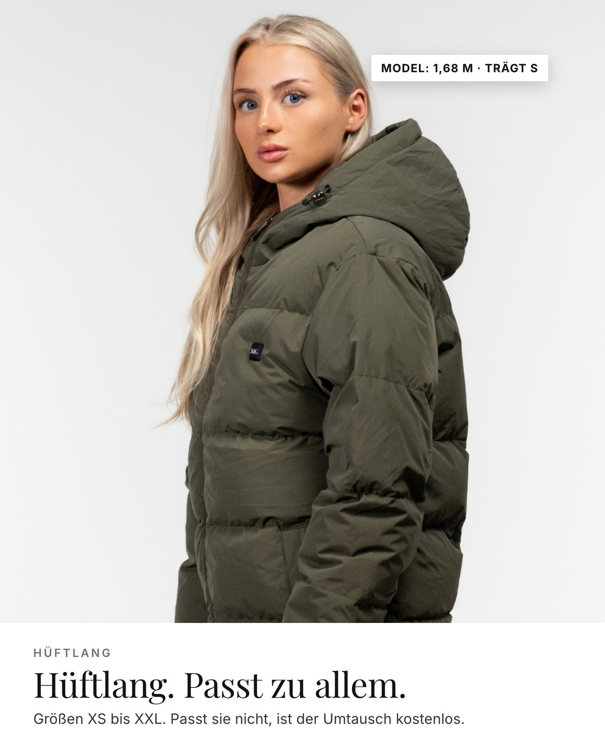 Mont Gerrard beheizte Jacke olive grün – Länge und Passform, Model 1,68 m · trägt S