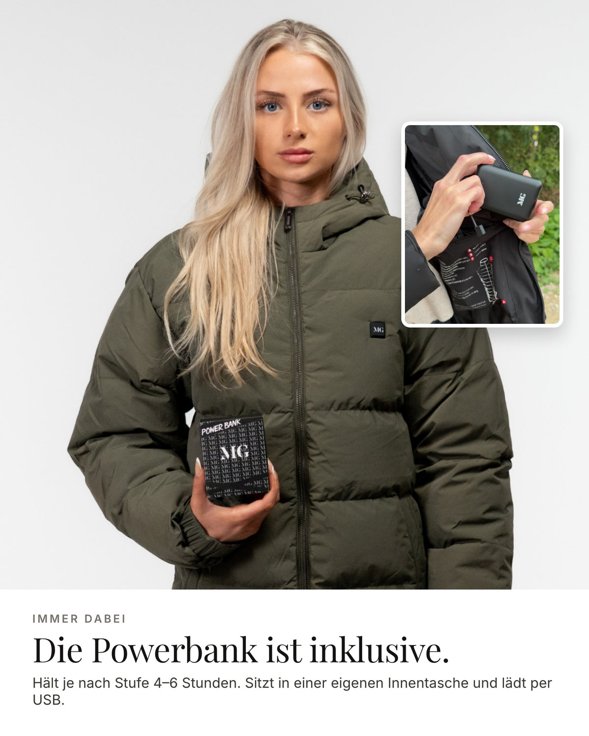 Mont Gerrard beheizte Jacke olive grün – Powerbank inklusive, 4–6 Stunden